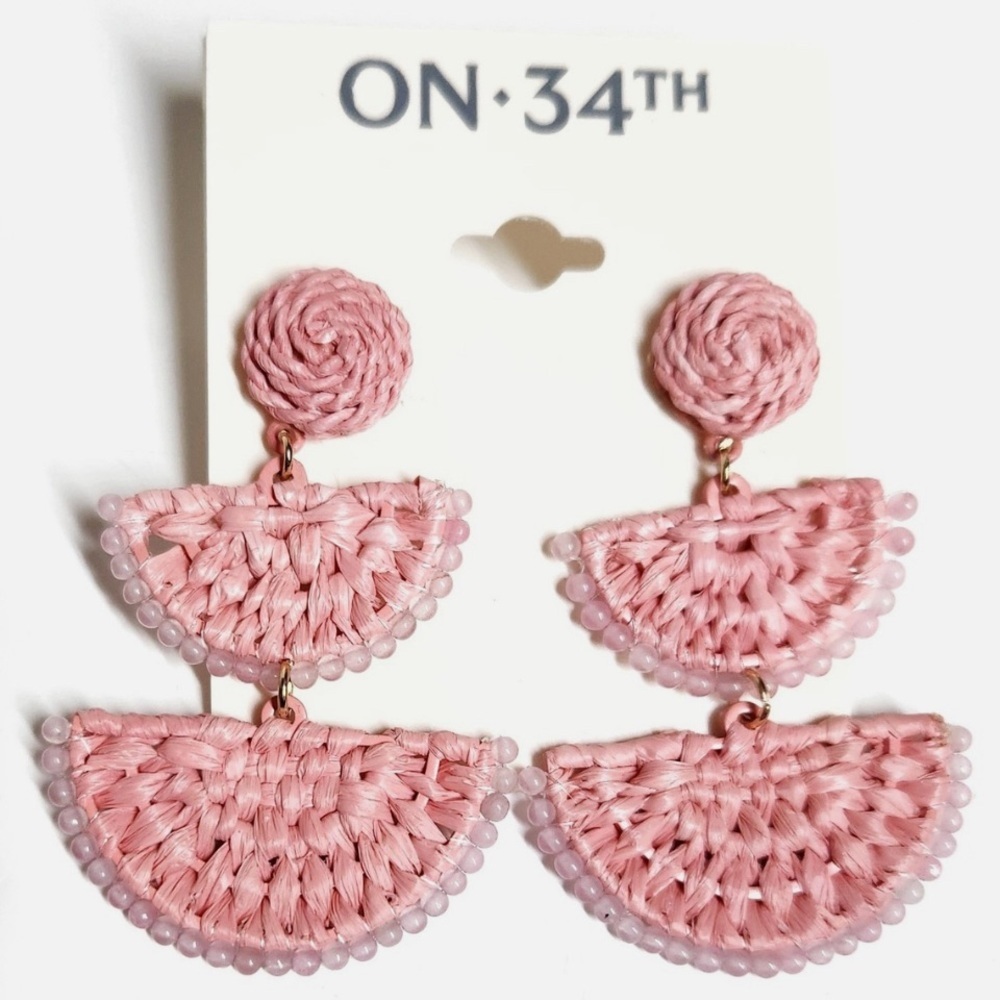 On 34th Pink Raffia Bead Earrings